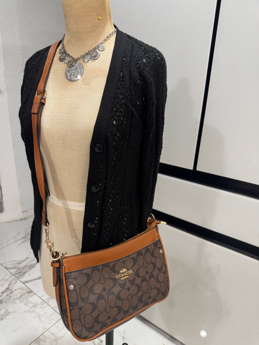 Signature Canvas Brown Crossbody Bag with Tan Trim